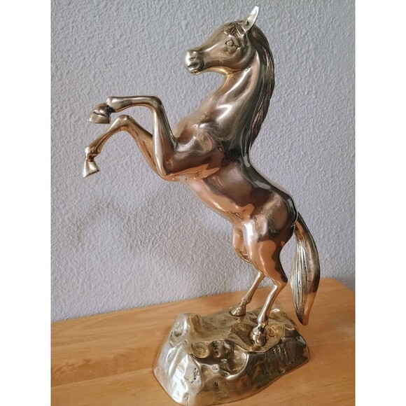 Mid- Century Vintage 15'' Tall Solid Brass Rearing Horse Sculpture Statue - Picture 2 of 13